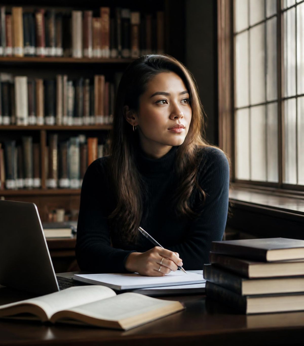 A university student studying with notes, books and a laptop in a quiet library